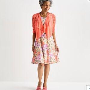 2 pc Perceptions Floral Coral A-Line Midi Dress & Cardigan set Sz L NWT